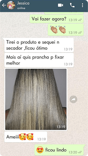Print do WhatsApp: cliente mostrando o cabelo liso após usar o Hidraliso