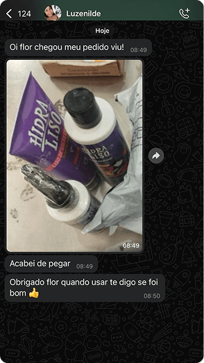 Print do WhatsApp: cliente confirmando que recebeu o kit Hidraliso