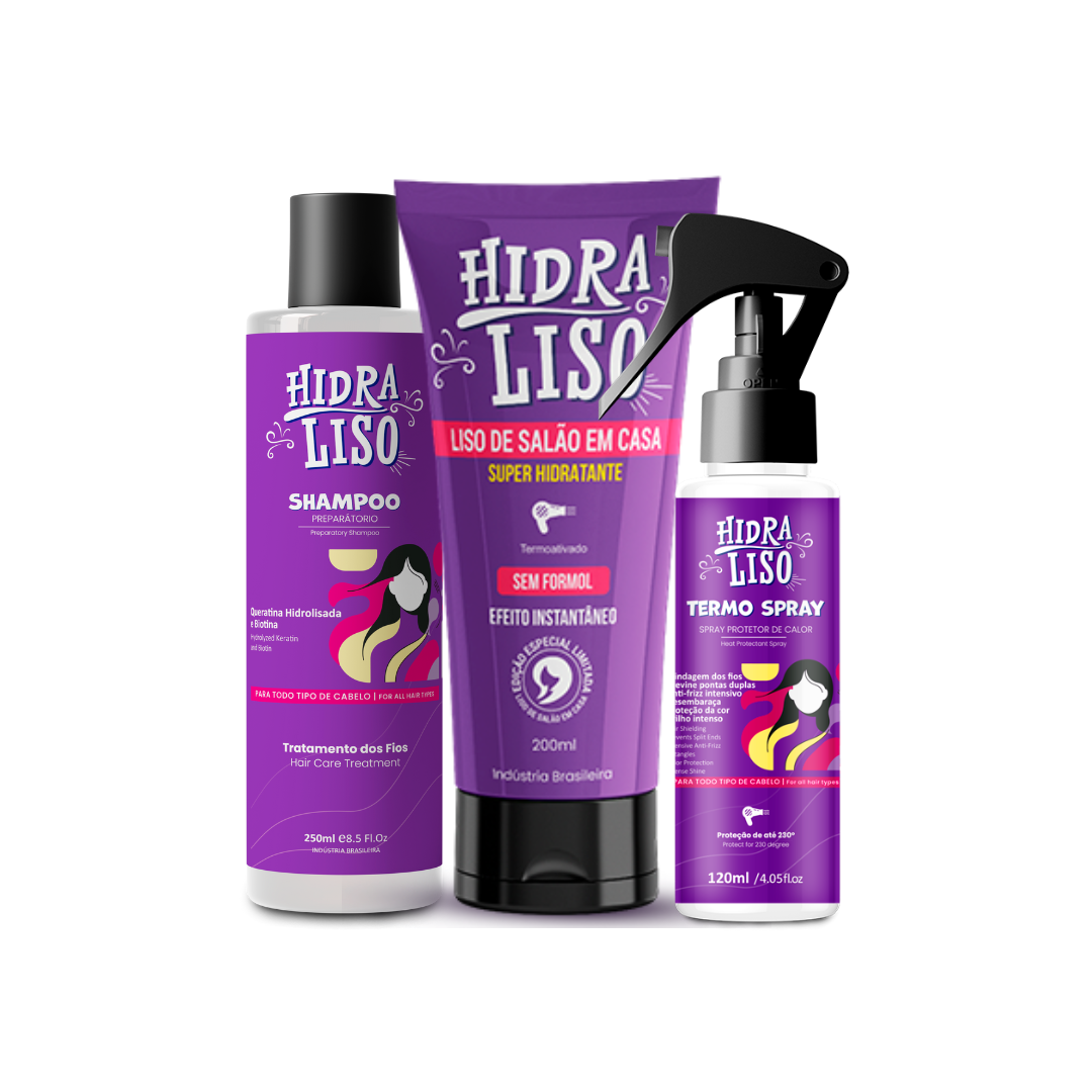 Kit Hidraliso: tratamento, shampoo preparatório e termo spray